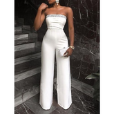 Newinlook Elegant Strapless White Beaded Wide-Leg Women's Party Jump Suit